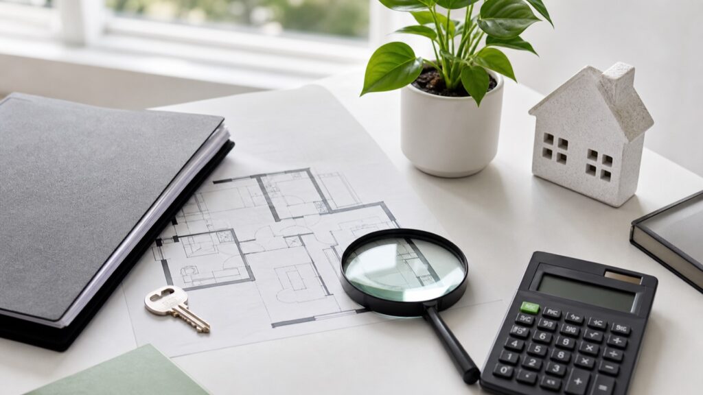 Property due-diligence documents, floor plan, key and magnifying glass